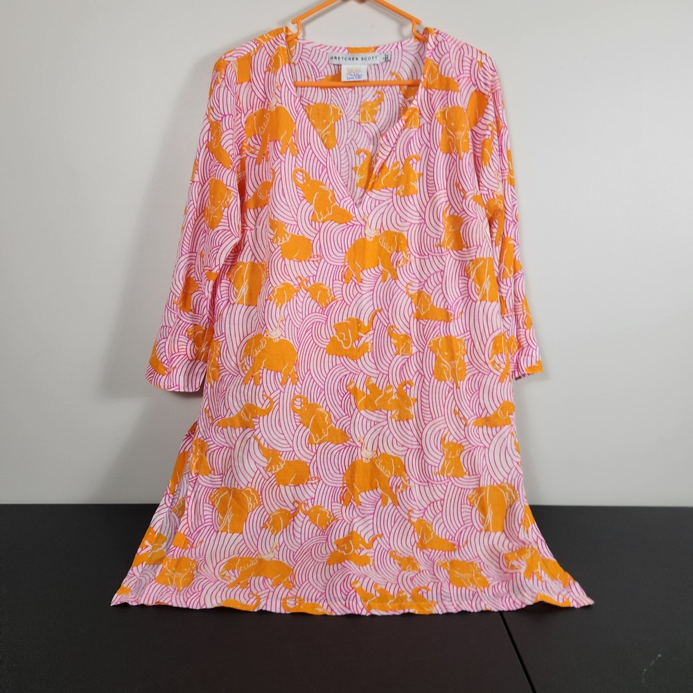 Gretchen Scott Elephant Print Cotton Tunic Dress Pink Orange Beachy Coastal L